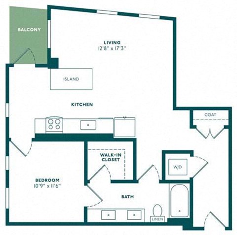 Floor plan for 1 bed, 1 bath, 822 sqft